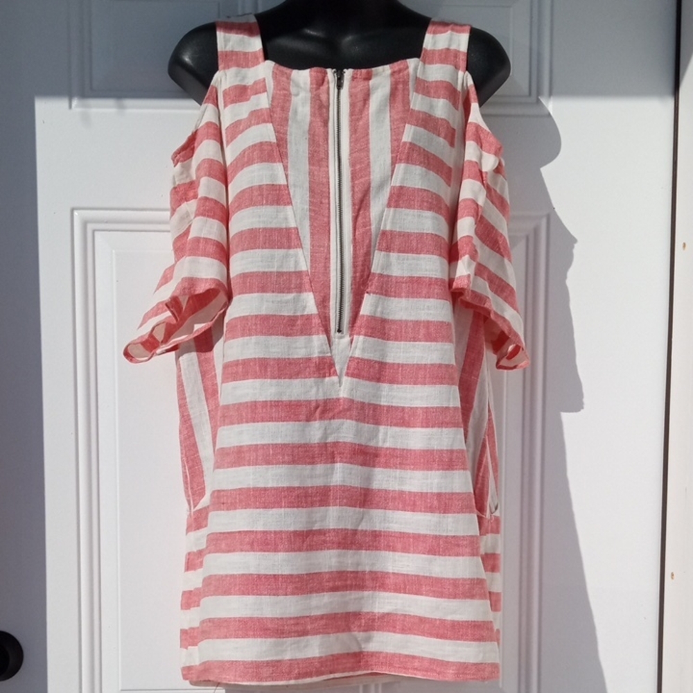 {$15 BUNDLED} SOFT SURROUNDINGS Pink White Striped Zip Back Blouse Top